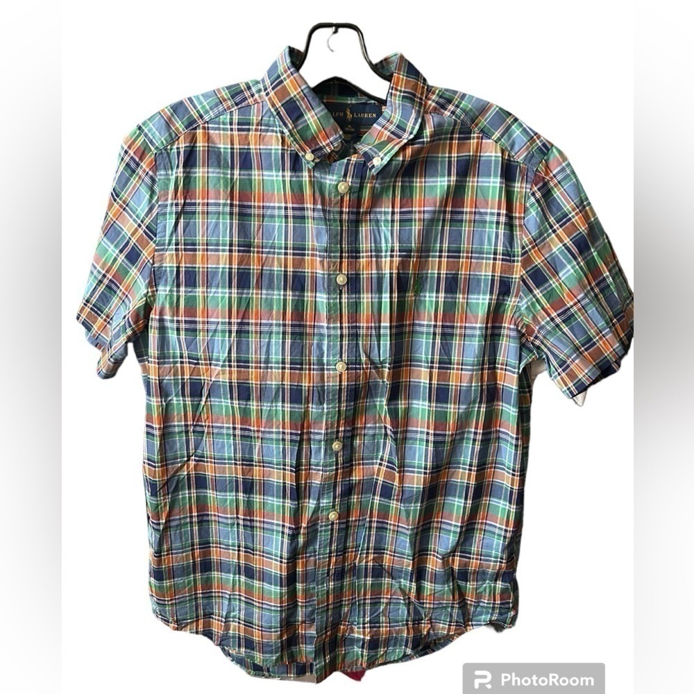 Ralph Lauren Button Up Shirt Youth XL 18-20 Plaid Boys Short Sleeve 100% Cotton